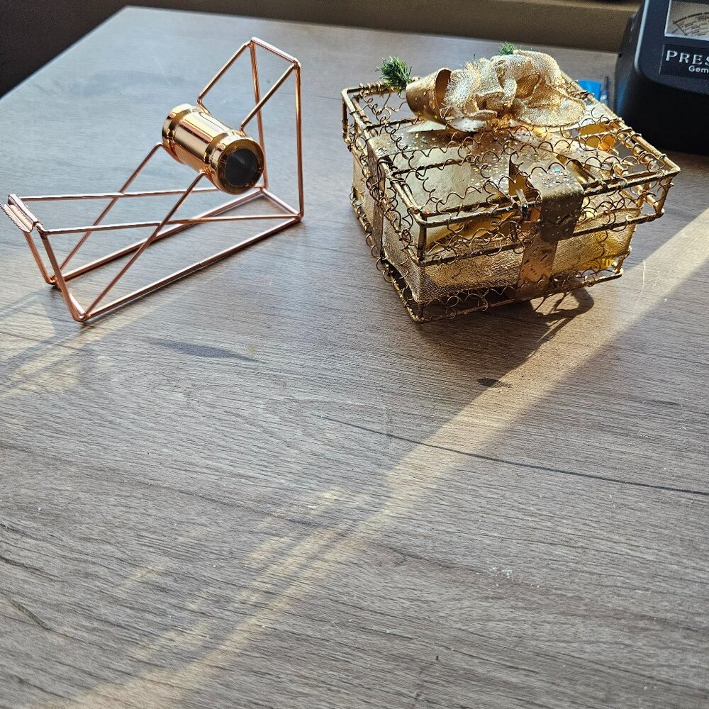 Golden Box bowed with tape dispenser.